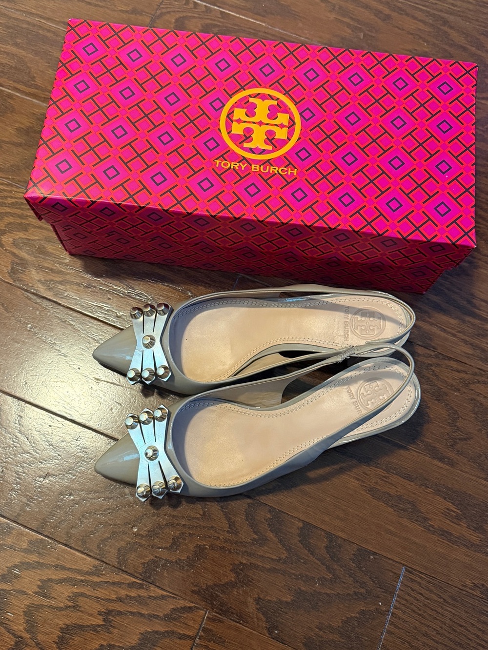 Tory Burch Taupe Pointed Toe Slingback Flats with Stud Bow